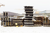 construction steel beams in outdoor warehouse in winter